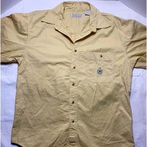 Vintage Bugle Boy Company Shirt Large Beige Button Up Crest Logo 90s Mens